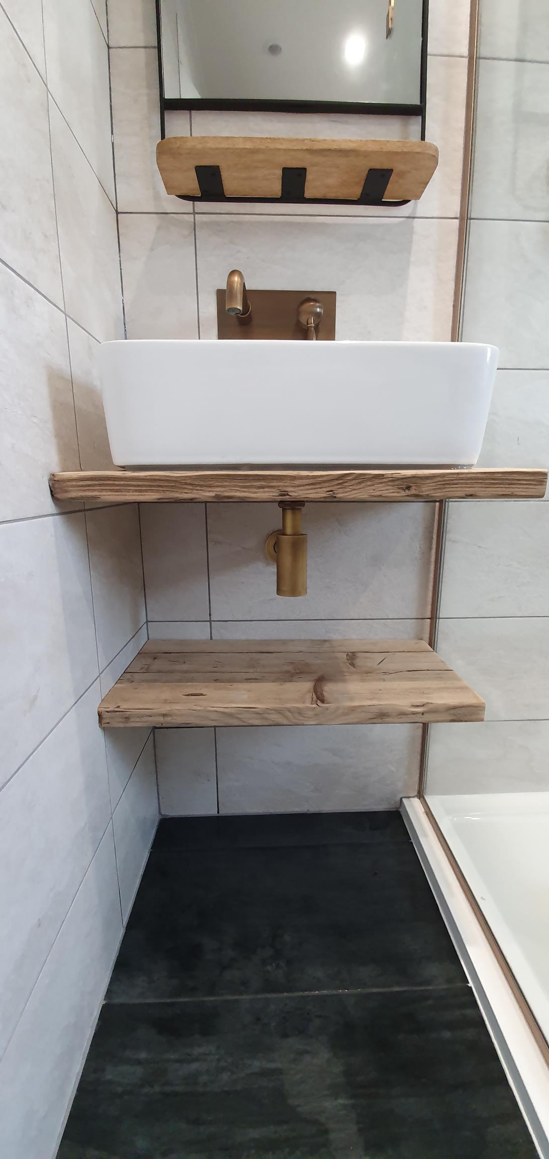Custom floating sleving, rustic bathroom shelving