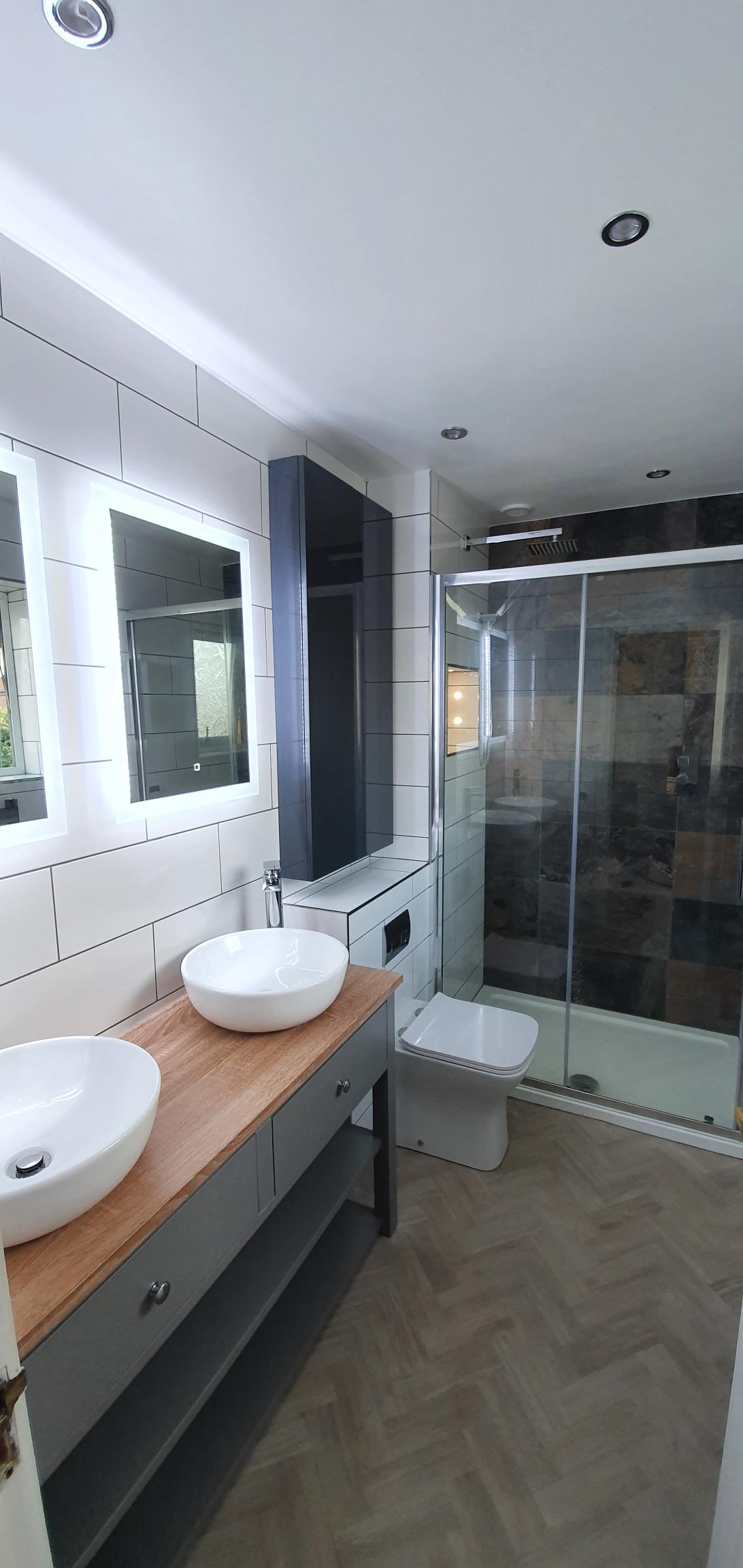 Illuminated bathroom mirror, double sink unit, his and hers sink