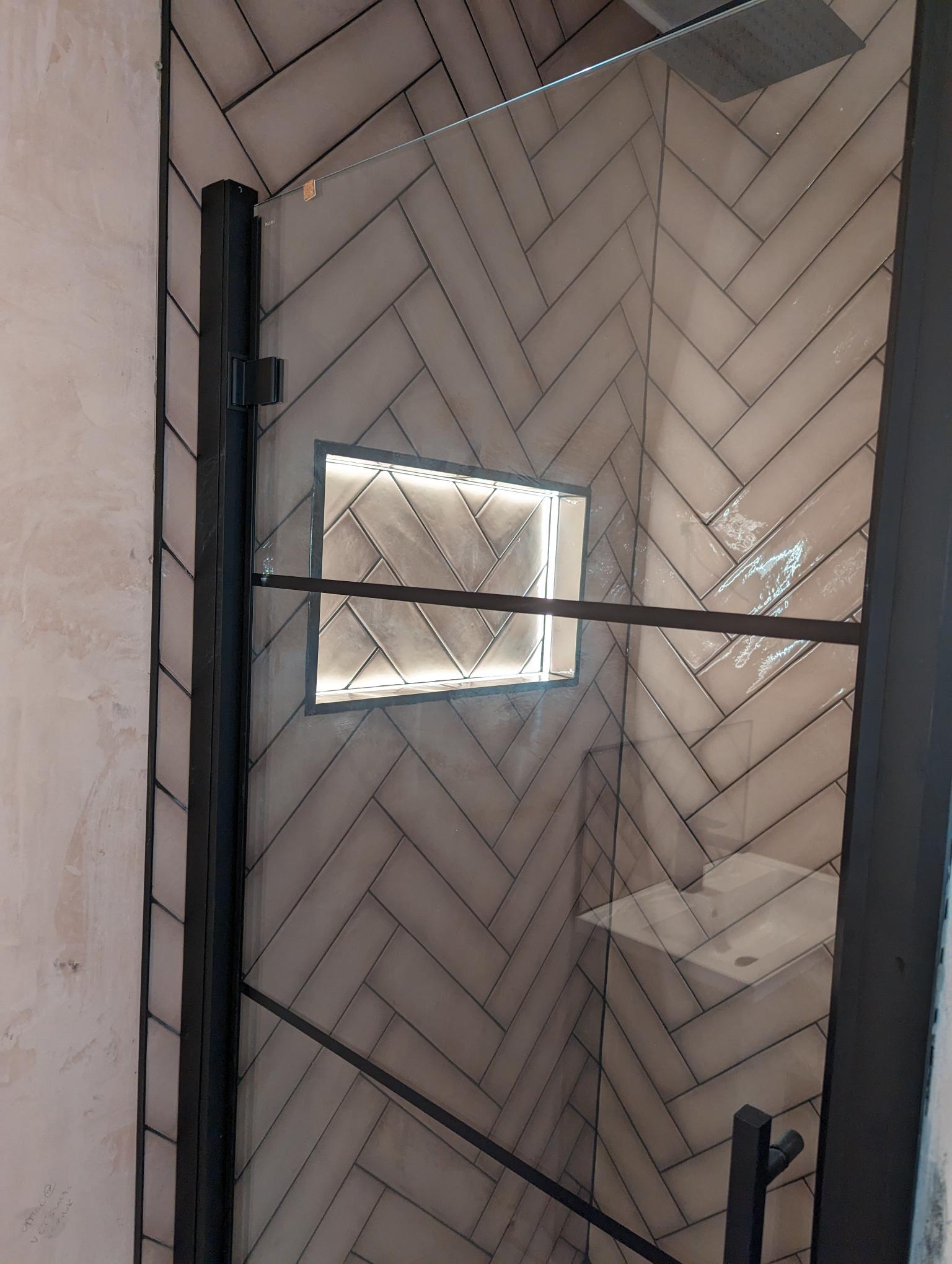 LVT flooring, fitted bathroom furniture, l shape shower bath, illuminated recess, bathroom bishop auckland. 