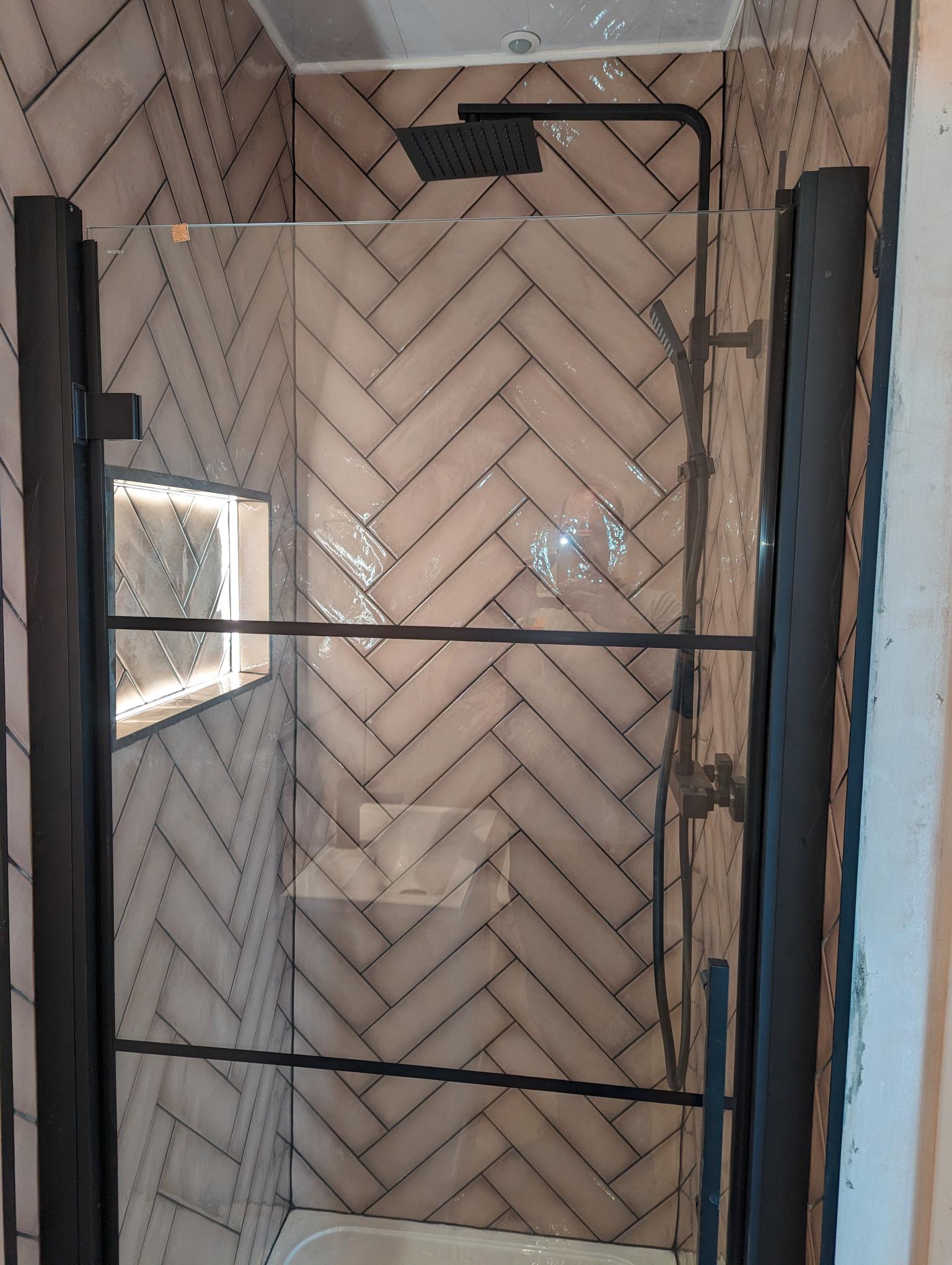 led recess, shower shelf, shower room, herringbone tiling