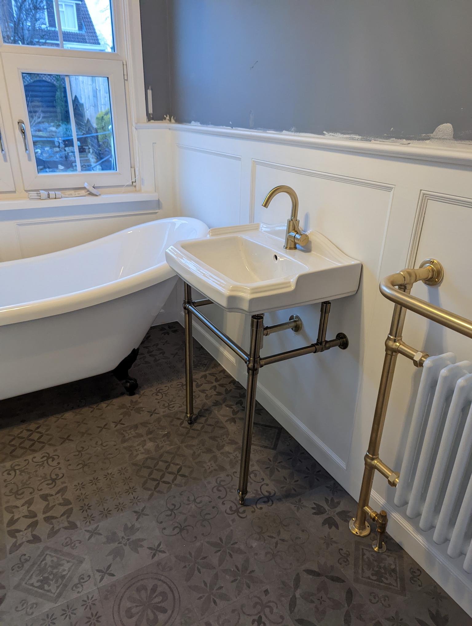 Freestanding bath, LVT flooring, Traditional bathroom, illumianted recess, high level toilet, bishop auckland, durham, custom made panelling 