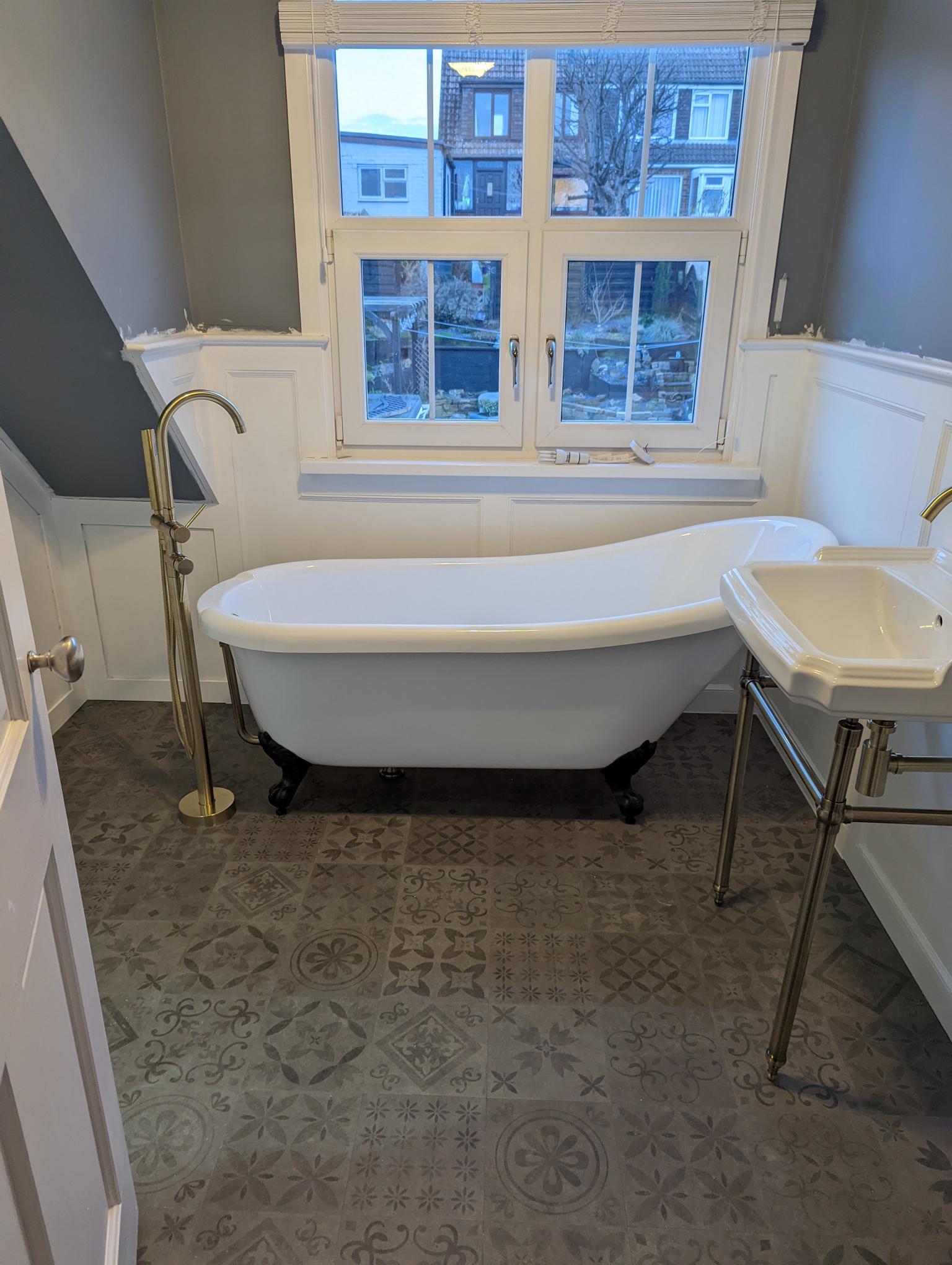Freestanding bath, LVT flooring, Traditional bathroom, illumianted recess, high level toilet, bishop auckland, durham, custom made panelling 