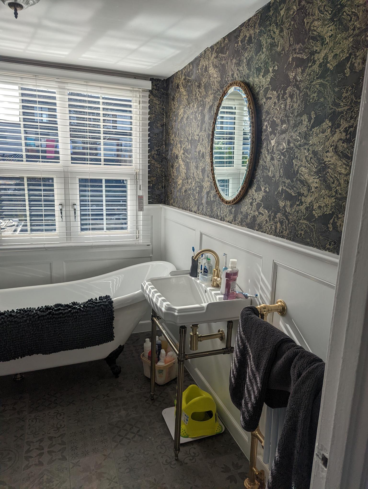 traditional bathroom, freestanding bath, basin wash stand, LVT flooring