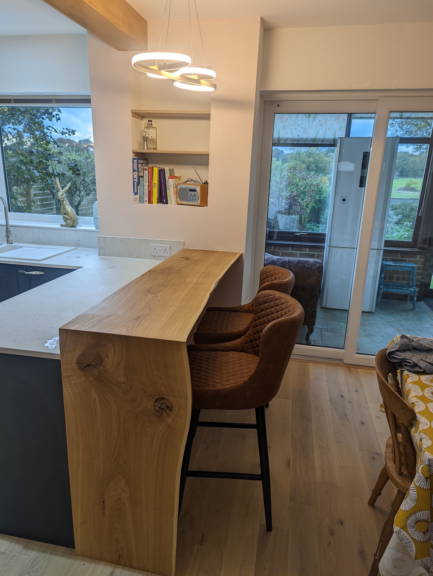 Oak worktop installation Sedgefield, breakfast bar, custom kitchen design Durham, supporting wall removal