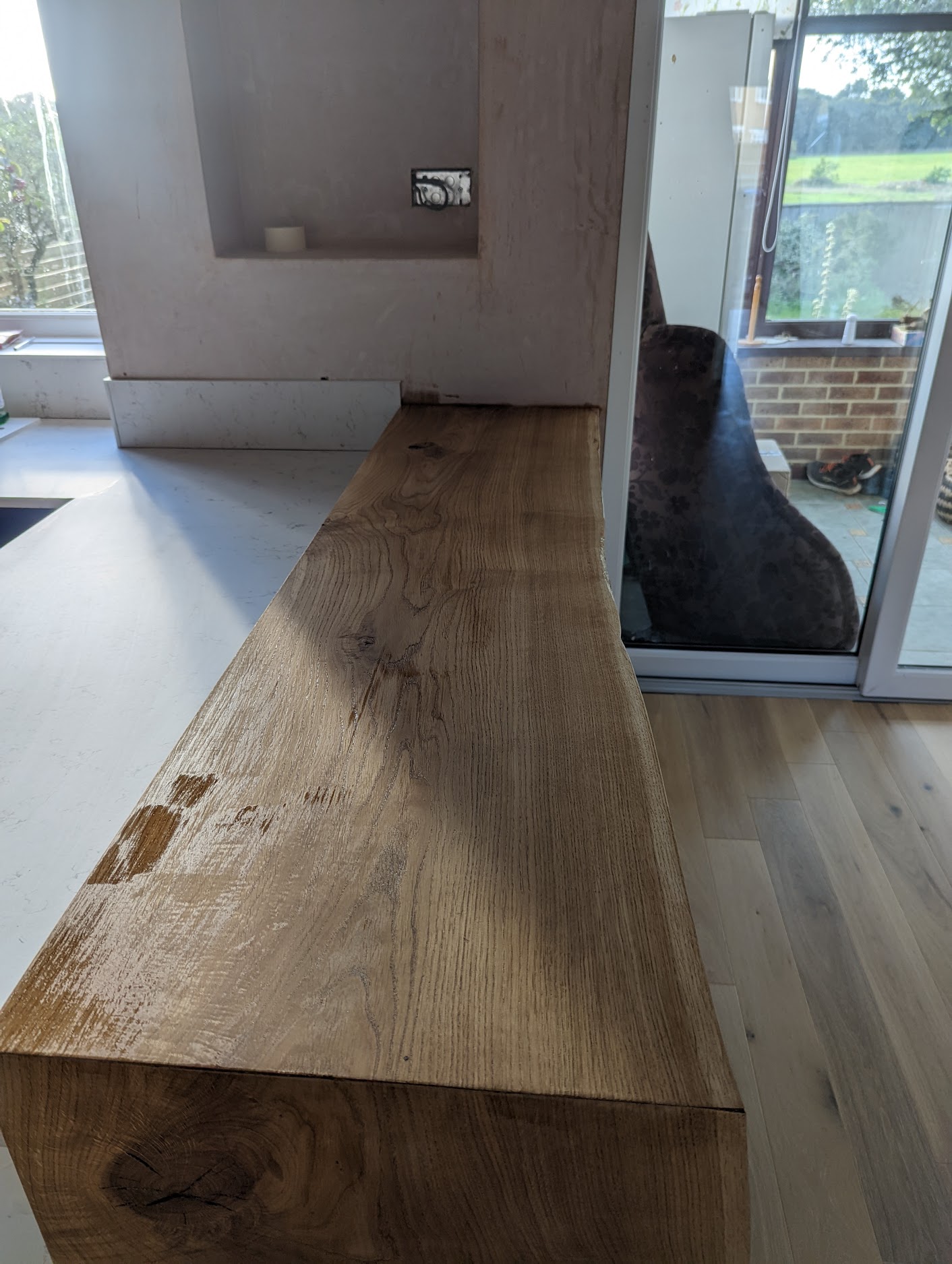 Oak worktop installation Sedgefield, breakfast bar, custom kitchen design Durham, supporting wall removal