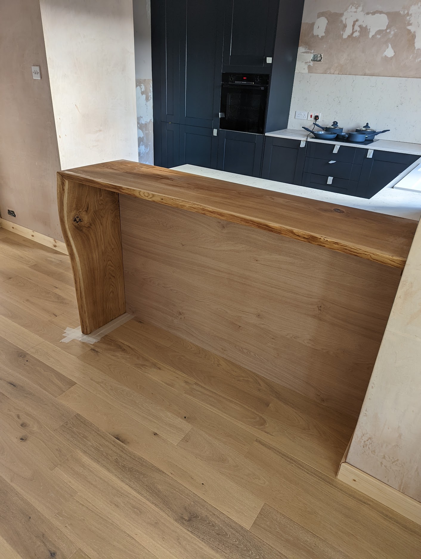 Oak worktop installation Sedgefield, breakfast bar, custom kitchen design Durham, supporting wall removal