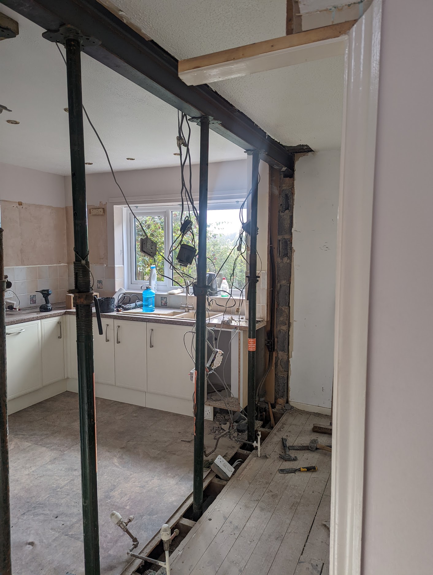 Oak worktop installation Sedgefield, breakfast bar, custom kitchen design Durham, supporting wall removal